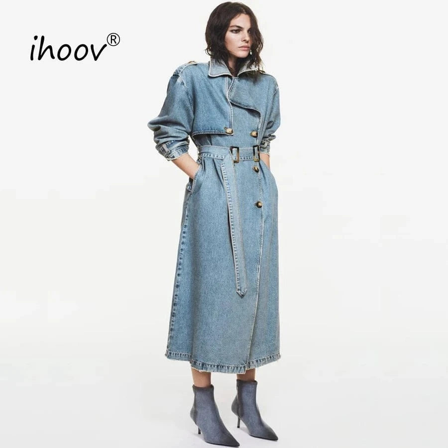 IHOOV outdoor Double Breasted Belted Denim Coat long coat fall clothing women ladies denim long jacket