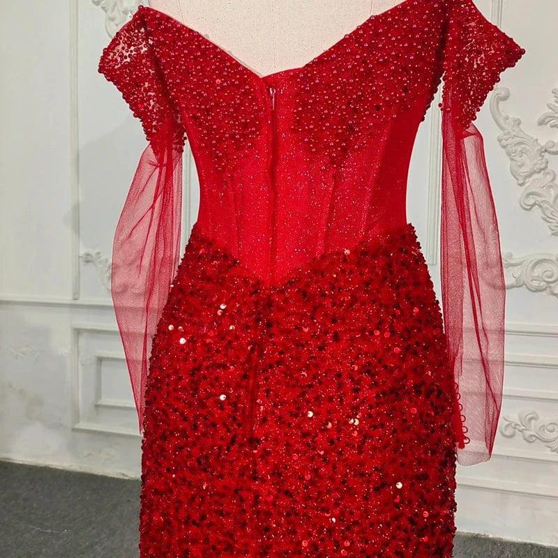 Illusion Lace Sequins Red Mermaid Party Gowns Evening Dresses Jancember 9900-2