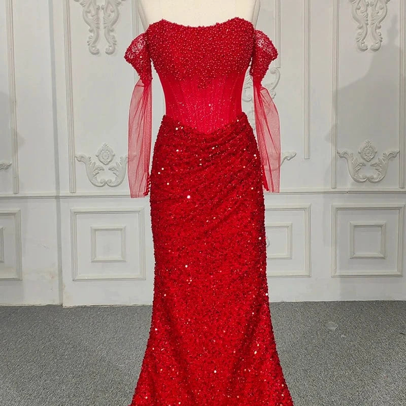 Illusion Lace Sequins Red Mermaid Party Gowns Evening Dresses Jancember 9900-2