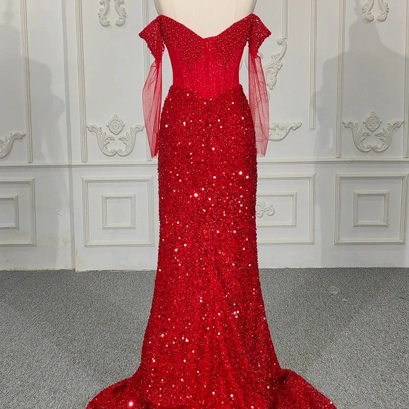 Illusion Lace Sequins Red Mermaid Party Gowns Evening Dresses Jancember 9900-2