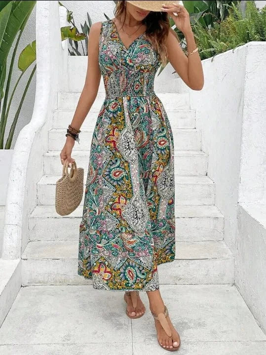 In stock 2024 Women's summer New fashion V-neck Sleeveless High waist sleeveless Bohemian Women's dress