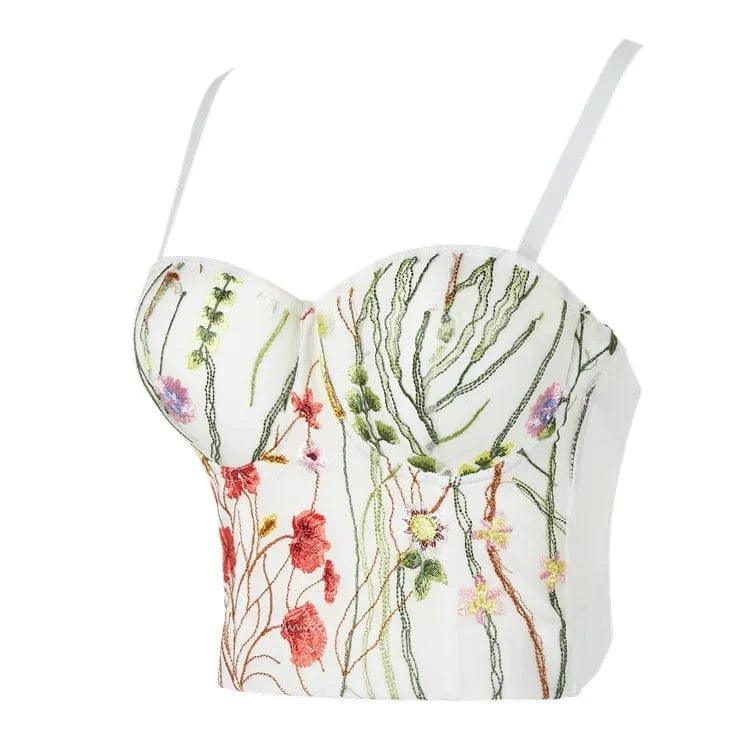 In Stock V neck white embroidery short spaghetti strap stylish women vest crop tank top