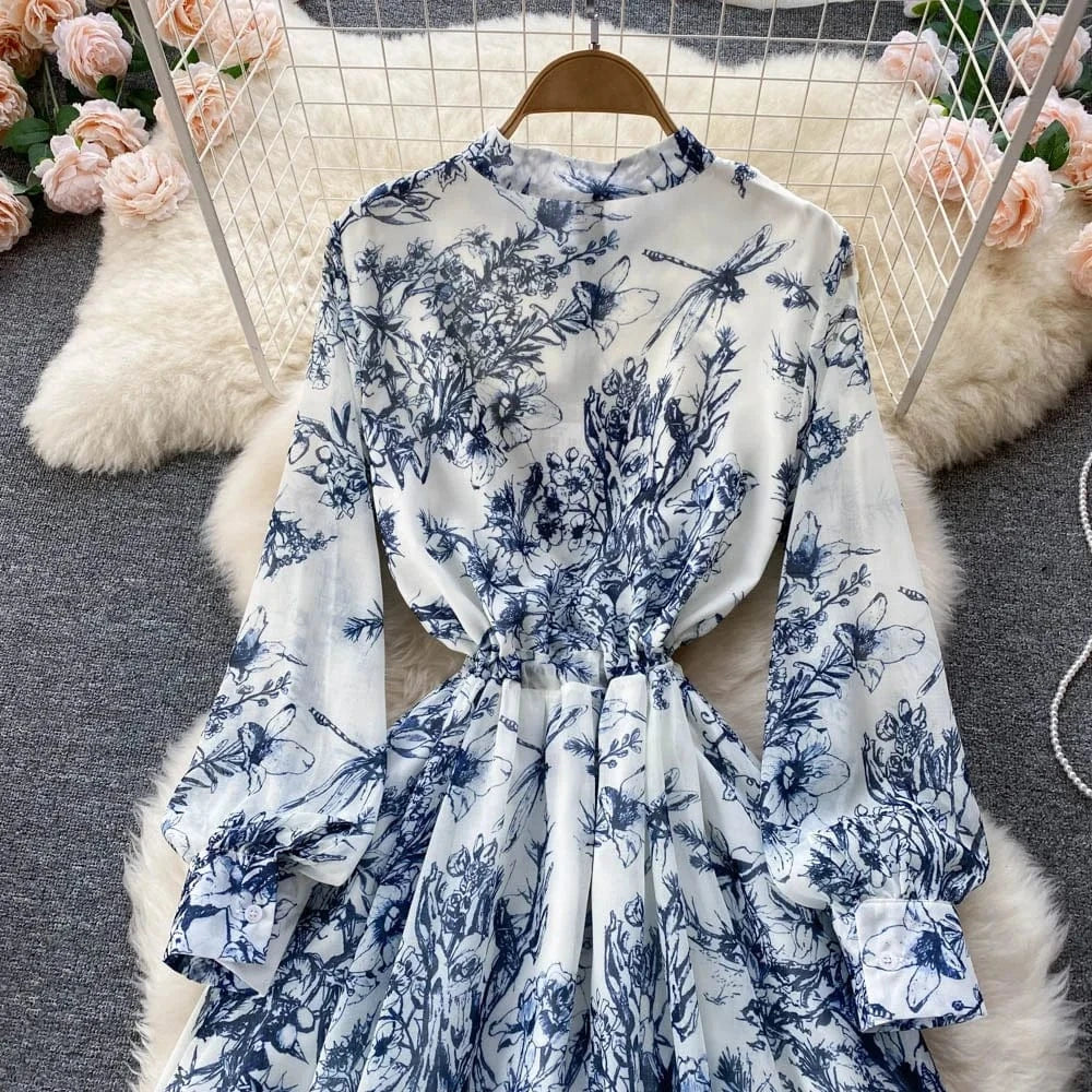 Ink Print Long Dress Buttons Drawstring Full Sleeves Dress Women Retro Casual Shirt Dress