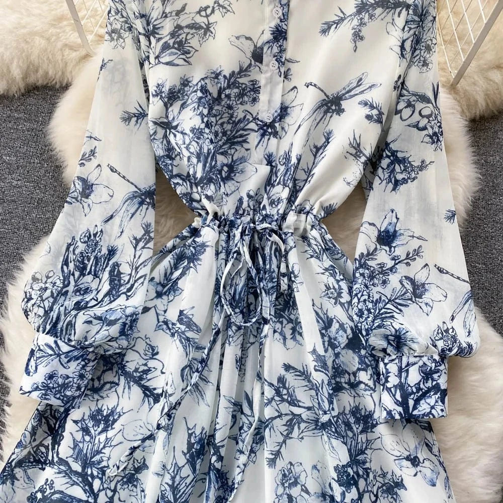 Ink Print Long Dress Buttons Drawstring Full Sleeves Dress Women Retro Casual Shirt Dress