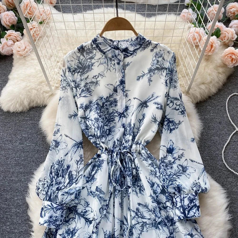 Ink Print Long Dress Buttons Drawstring Full Sleeves Dress Women Retro Casual Shirt Dress