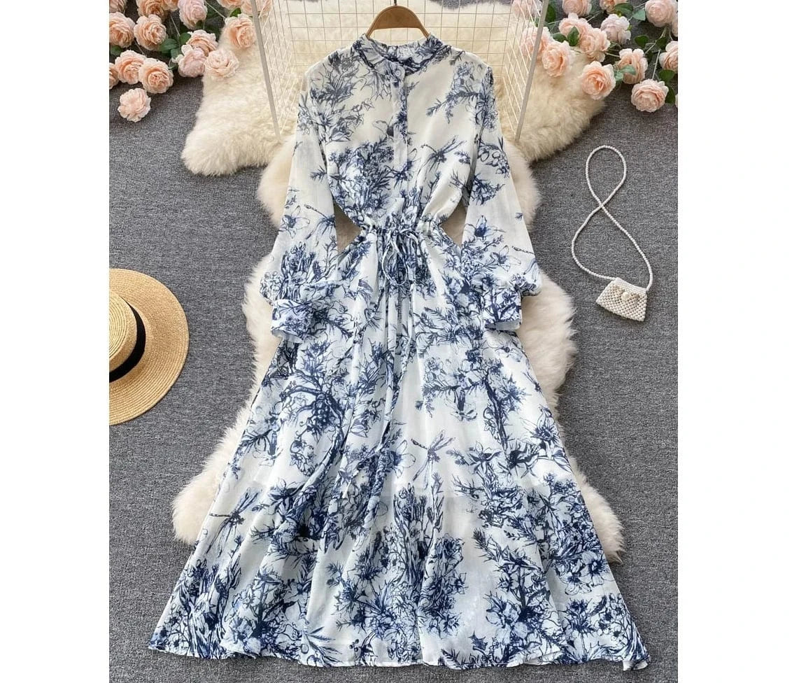 Ink Print Long Dress Buttons Drawstring Full Sleeves Dress Women Retro Casual Shirt Dress