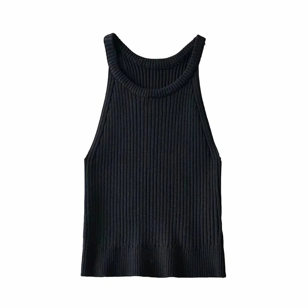 INS Fashion Cold Shoulder Candy Colors Knitted Basic Halter Tank Top