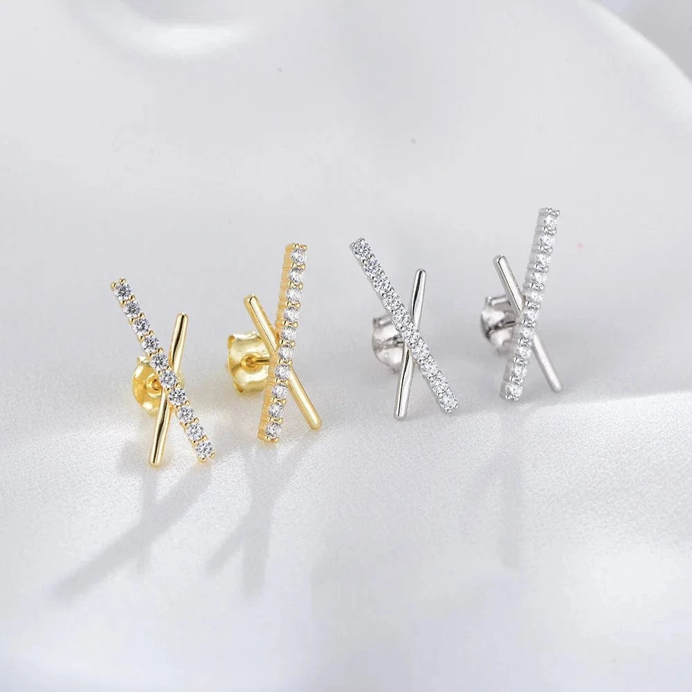 INS fine jewelry earrings 925 sterling silver earrings cross X shaped zircon gold plated stud earrings for women