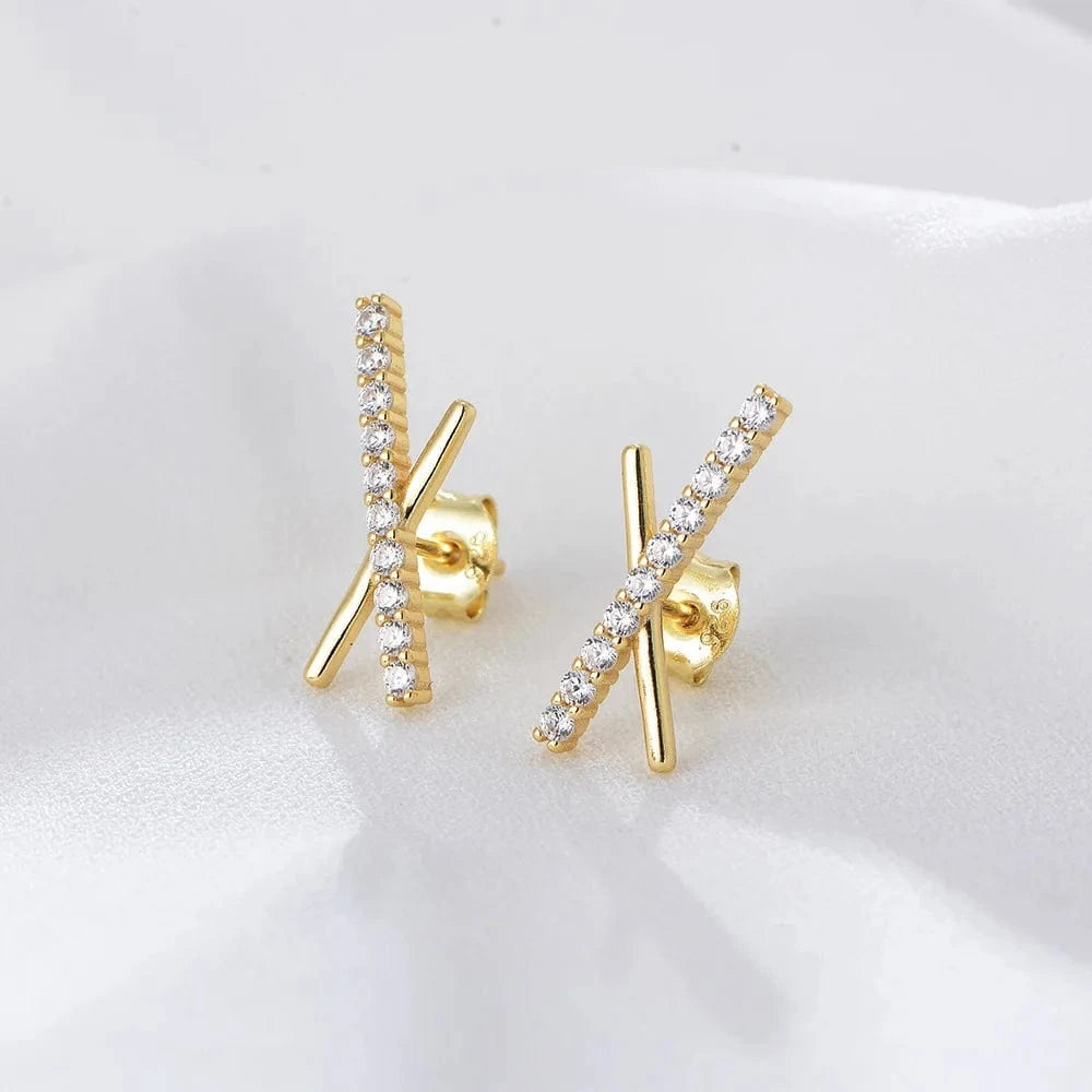 INS fine jewelry earrings 925 sterling silver earrings cross X shaped zircon gold plated stud earrings for women