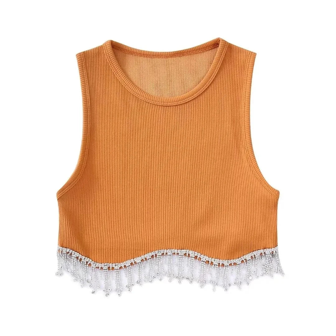 INS Hot Sell Dropshipping Curved Hem Inlaid Jewellery Decoration High Stretch Crop Tank Top