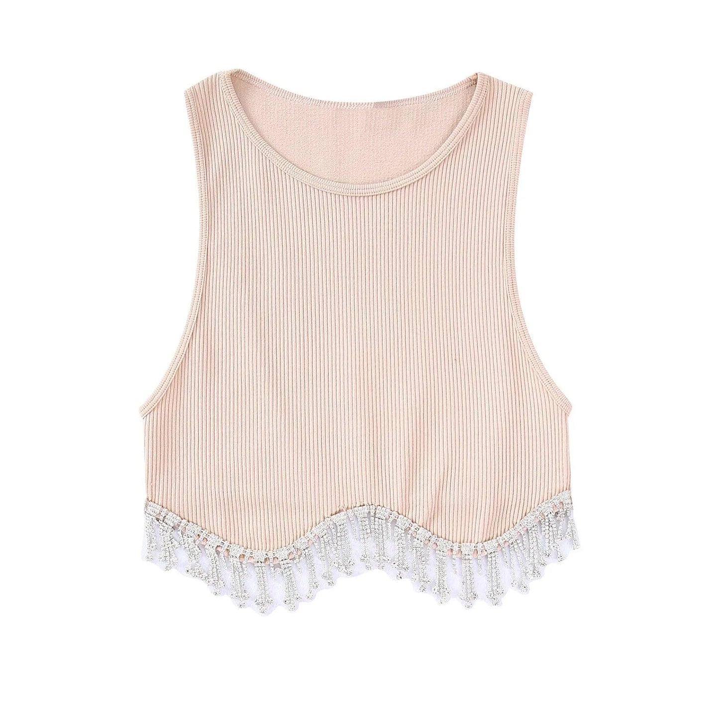 INS Hot Sell Dropshipping Curved Hem Inlaid Jewellery Decoration High Stretch Crop Tank Top