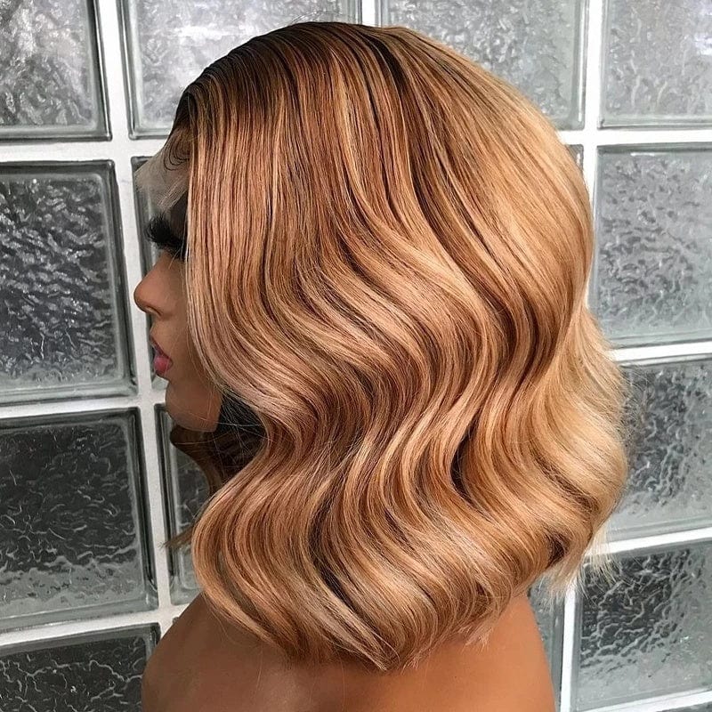 Invisible Knots Brazilian Human Hair Light Golden Brown Ombre Color Ocean Wave Cuticle Aligned 4X4 Closure Wig