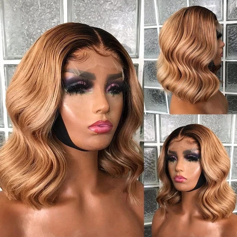 Invisible Knots Brazilian Human Hair Light Golden Brown Ombre Color Ocean Wave Cuticle Aligned 4X4 Closure Wig