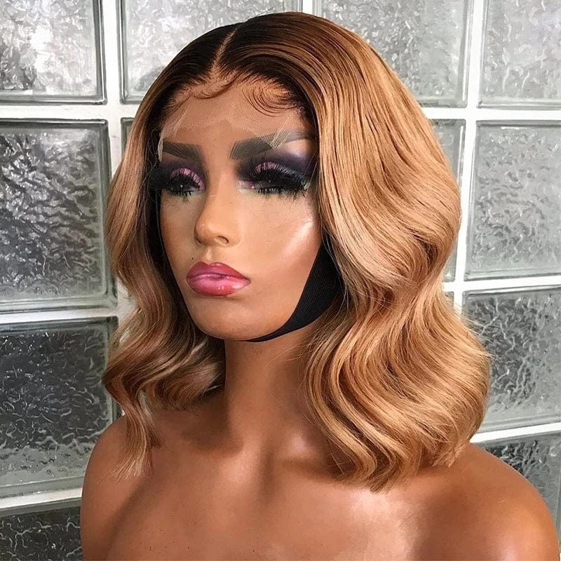 Invisible Knots Brazilian Human Hair Light Golden Brown Ombre Color Ocean Wave Cuticle Aligned 4X4 Closure Wig