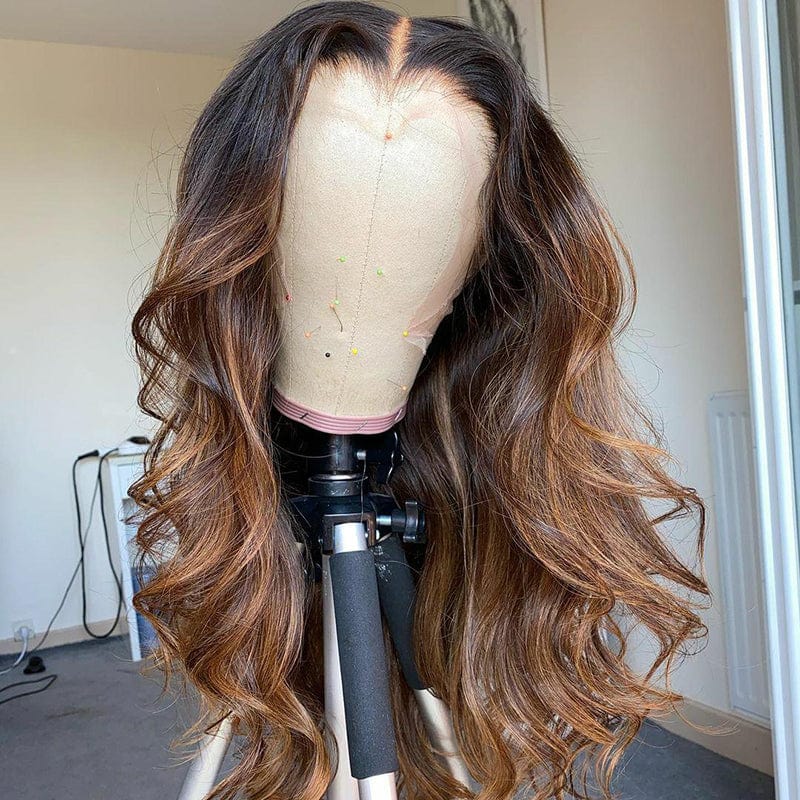 Invisible Knots Brazilian Human Hair Light Golden Brown Ombre Color Ocean Wave Cuticle Aligned 4X4 Closure Wig