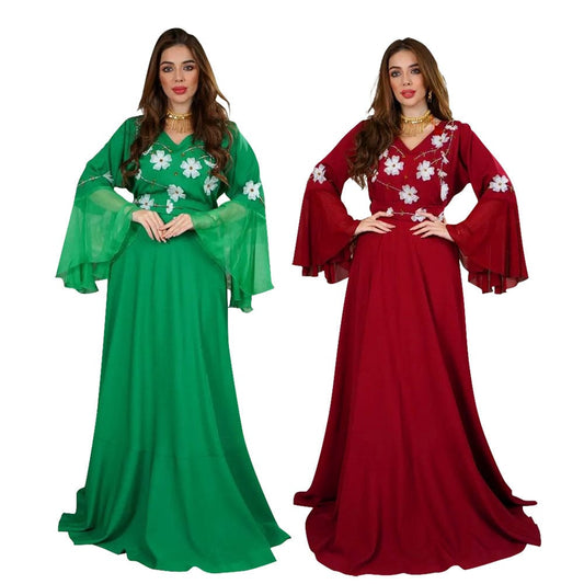 Islamic clothing factory diamond studded petal sleeve flower dress Middle East Arab women robe with belt wholesale