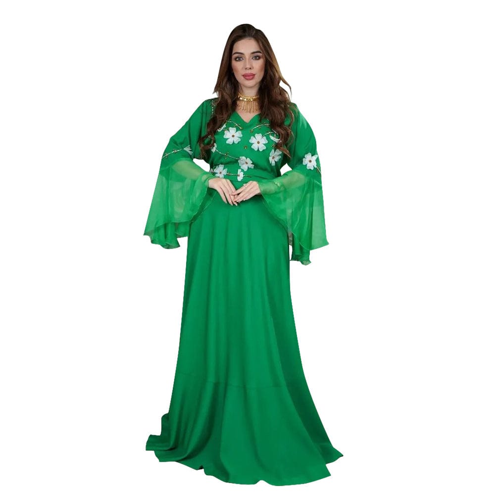 Islamic clothing factory diamond studded petal sleeve flower dress Middle East Arab women robe with belt wholesale