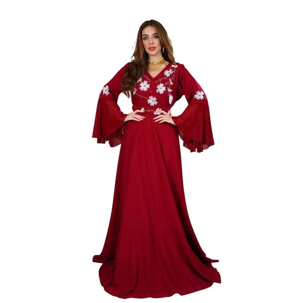 Islamic clothing factory diamond studded petal sleeve flower dress Middle East Arab women robe with belt wholesale