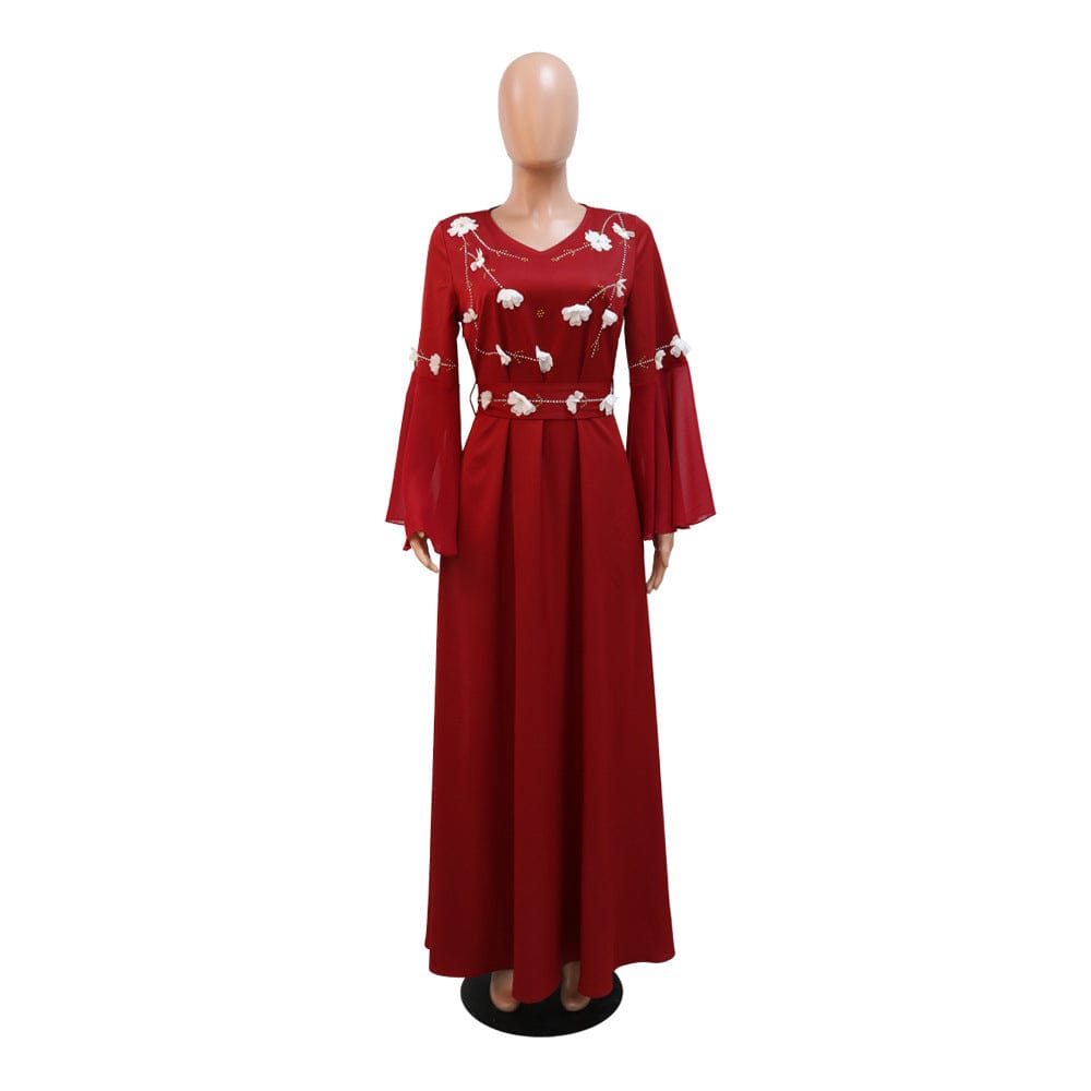 Islamic clothing factory diamond studded petal sleeve flower dress Middle East Arab women robe with belt wholesale