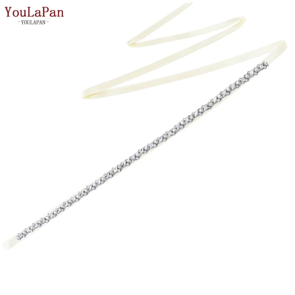 Ivory  Ribbon YouLaPan S404 Modern Design Hot Sale Women Dress Belt Silver Rhinestone Thin Belt Bridal Wedding Dress Waist Jewelry
