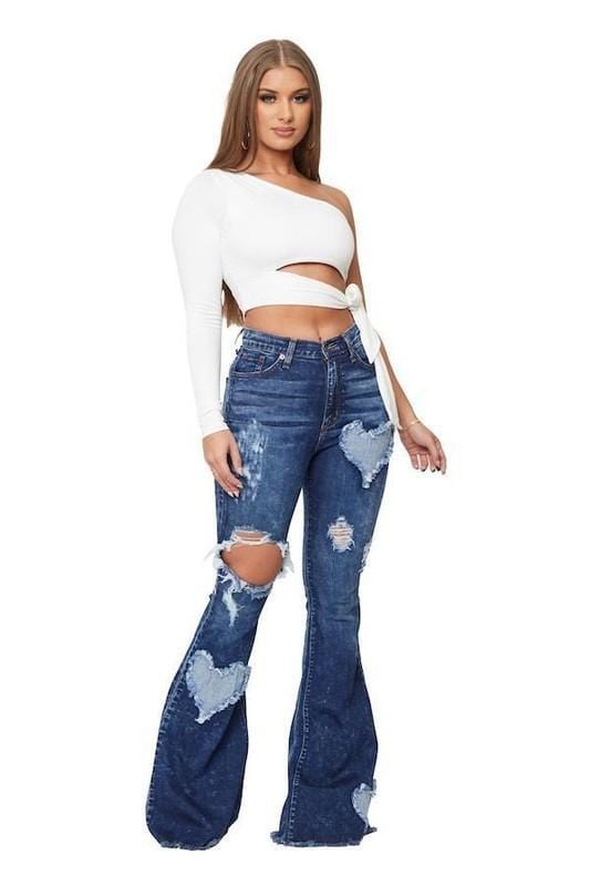J&H 2022 new arrivals bell bottom jeans with heart patchwork ladies high waist ripped denim flared pants plus size fashion