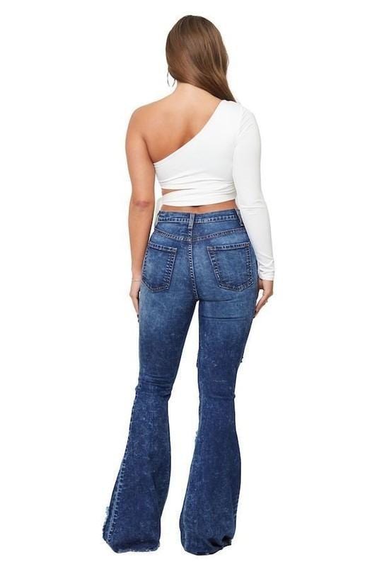 J&H 2022 new arrivals bell bottom jeans with heart patchwork ladies high waist ripped denim flared pants plus size fashion