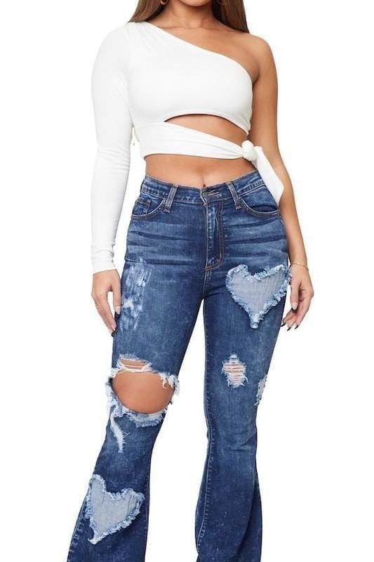 J&H 2022 new arrivals bell bottom jeans with heart patchwork ladies high waist ripped denim flared pants plus size fashion