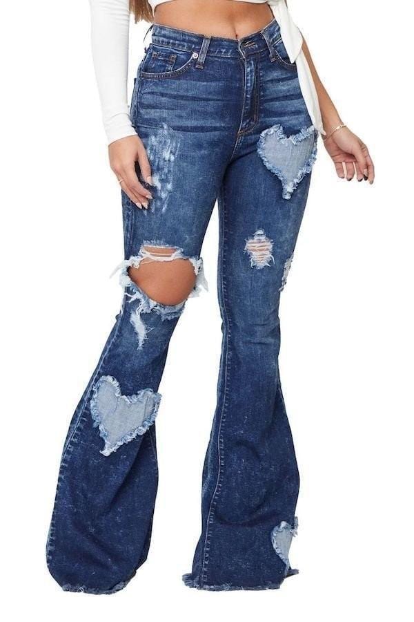 J&H 2022 new arrivals bell bottom jeans with heart patchwork ladies high waist ripped denim flared pants plus size fashion