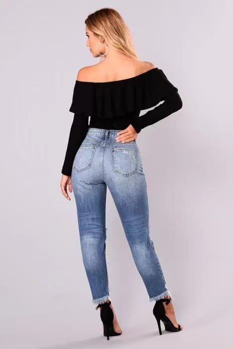 J&H 2023 fall fashion distressed jeans women casual hollow out fringe denim pants chic casual slim fit trousers