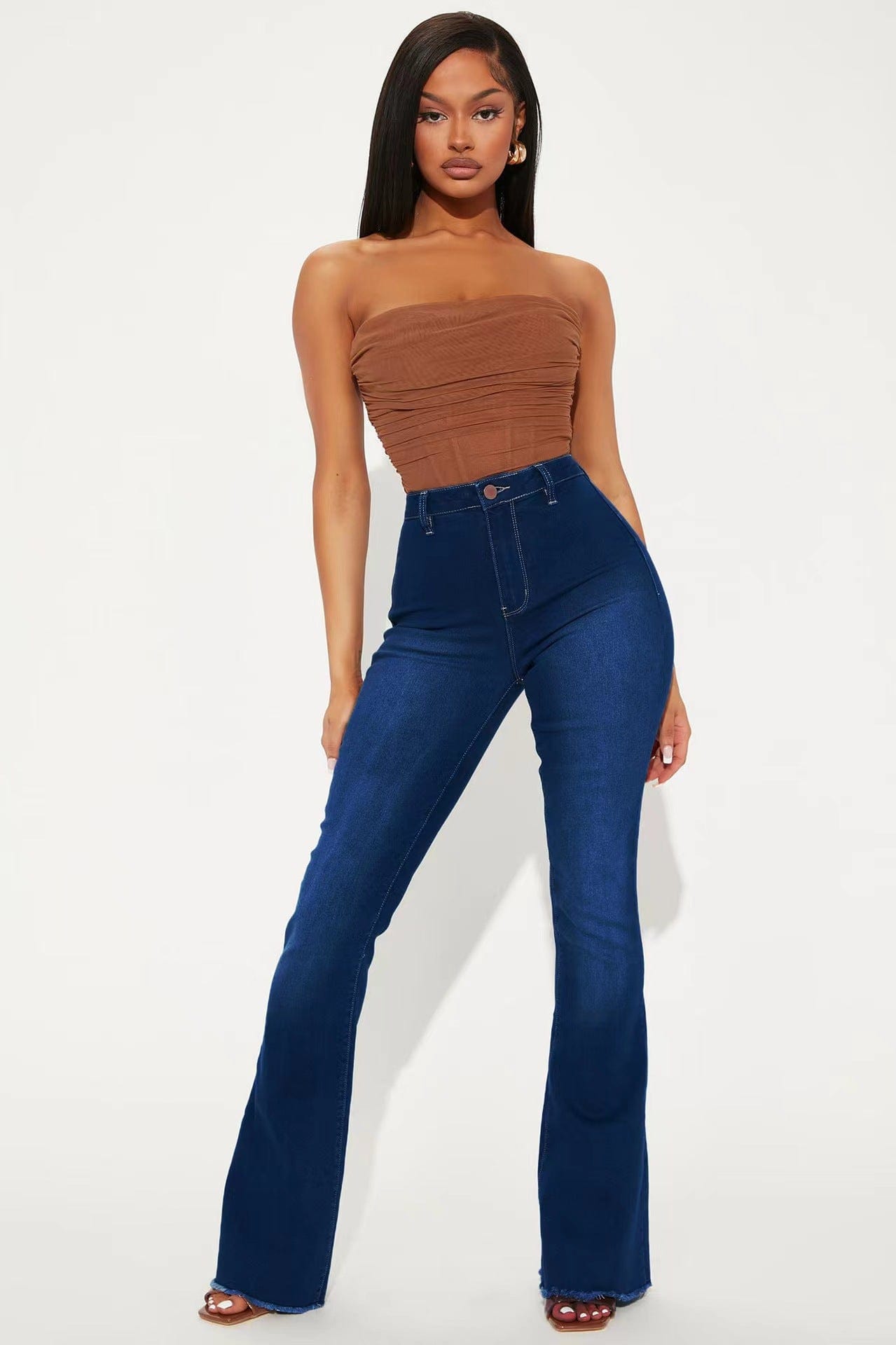 J&H 2023 fall fashion stretchy bell bottom jeans ladies slim fit casual denim pants plus size trousers basic wear