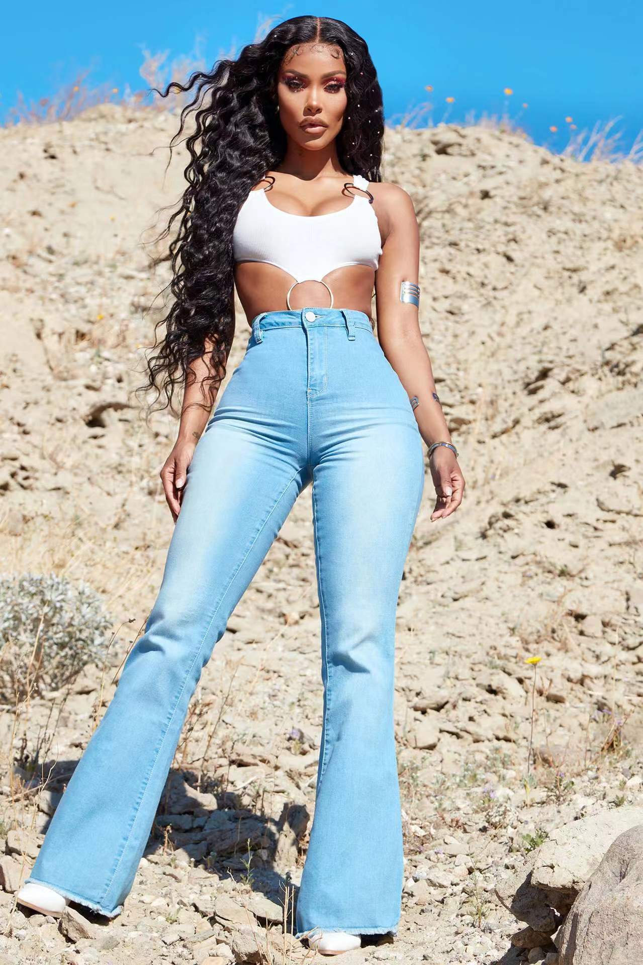 J&H 2023 fall fashion stretchy bell bottom jeans ladies slim fit casual denim pants plus size trousers basic wear
