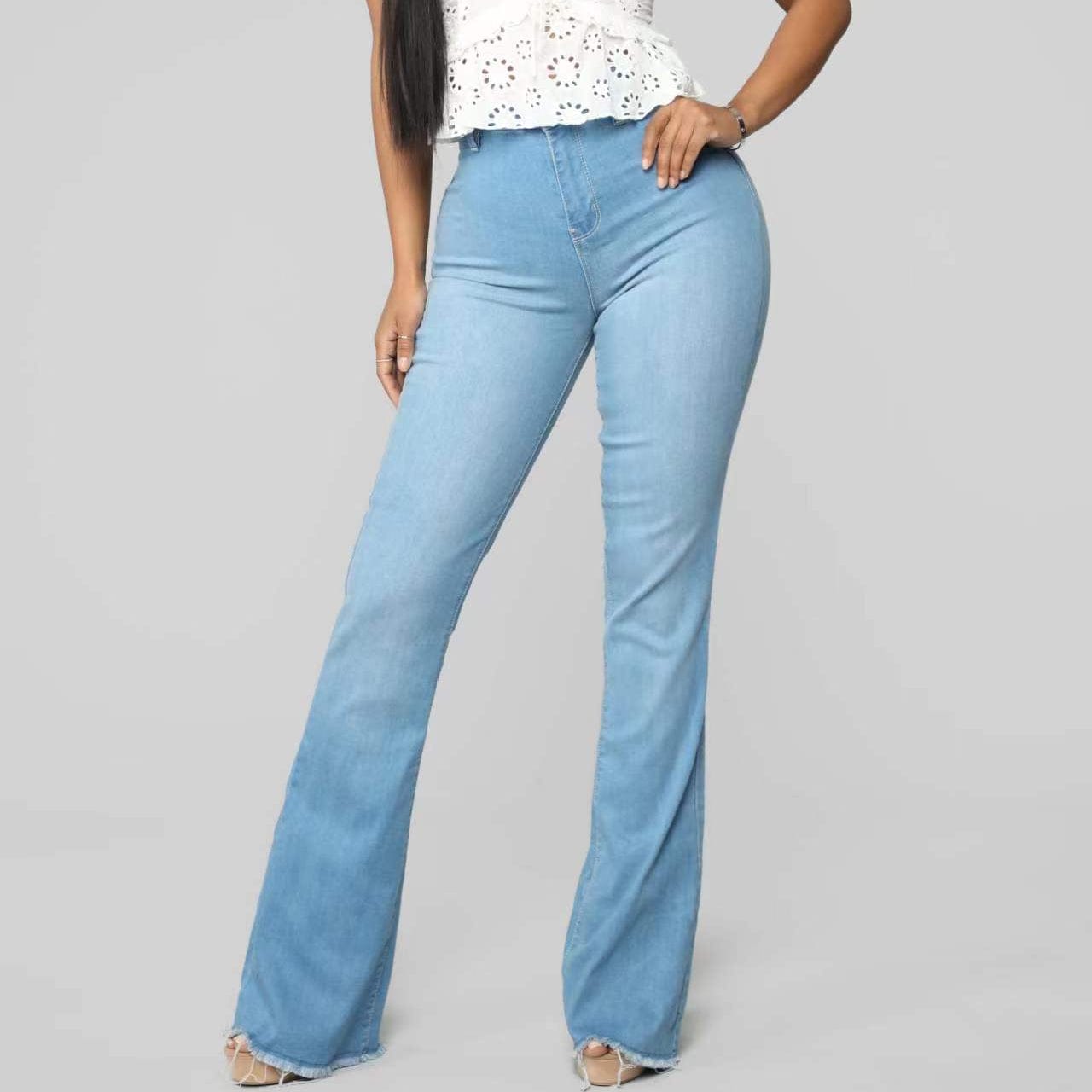 J&H 2023 fall fashion stretchy bell bottom jeans ladies slim fit casual denim pants plus size trousers basic wear