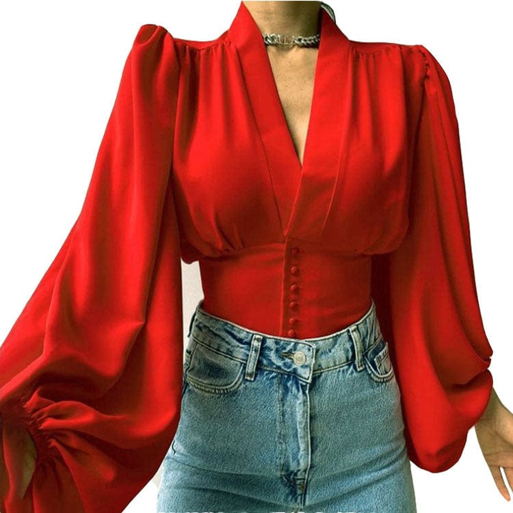 J&H 2023 hot sale S-5XL sexy v neck corset top women elegance puff sleeve fashion blouse shirts casual fall clothes whoelseale