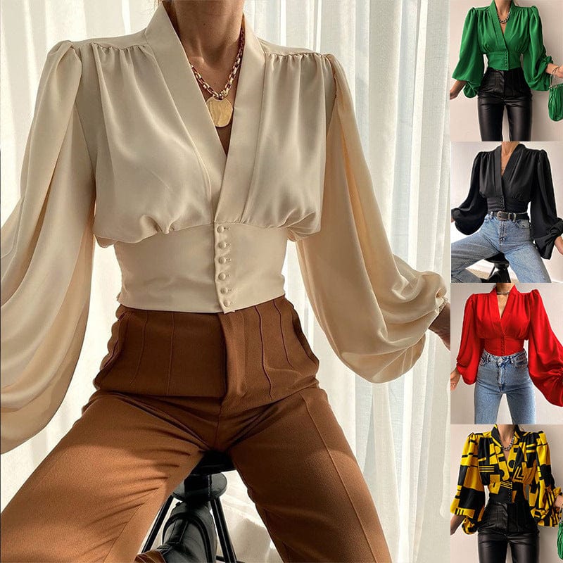 J&H 2023 hot sale S-5XL sexy v neck corset top women elegance puff sleeve fashion blouse shirts casual fall clothes whoelseale