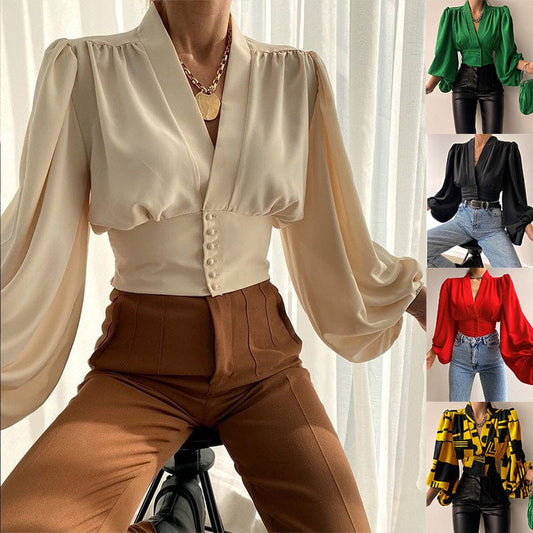 J&H 2023 hot sale S-5XL sexy v neck corset top women elegance puff sleeve fashion blouse shirts casual fall clothes whoelseale
