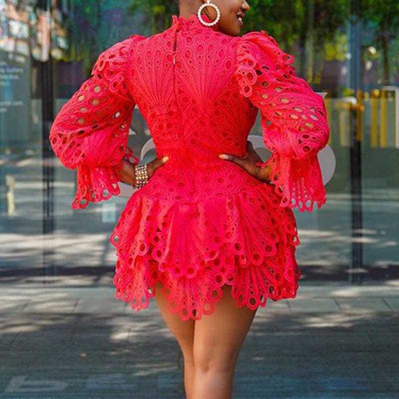 J&H 2023 new arrivals 100% cotton lace fabric dress ladies elegance hollow out o neck puff sleeve fashion party dress