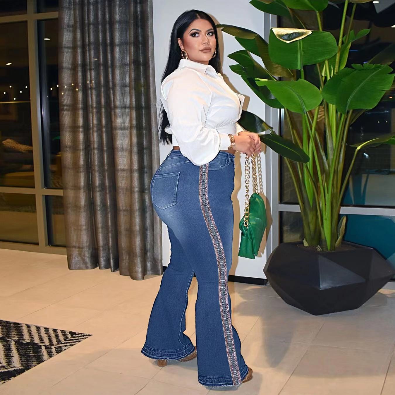 J&H 2023 new arrivals 4XL plus size bell bottom jeans women fashion stretchy denim pants high waist sexy casual trousers