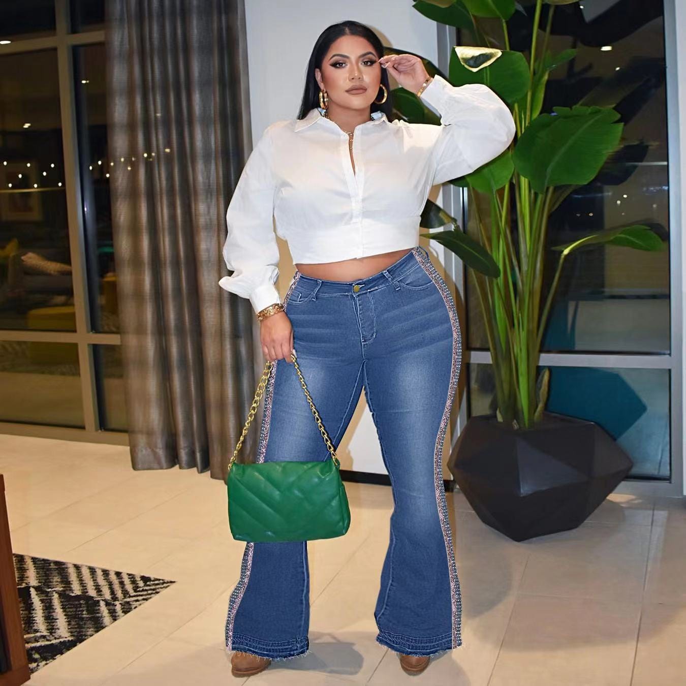 J&H 2023 new arrivals 4XL plus size bell bottom jeans women fashion stretchy denim pants high waist sexy casual trousers