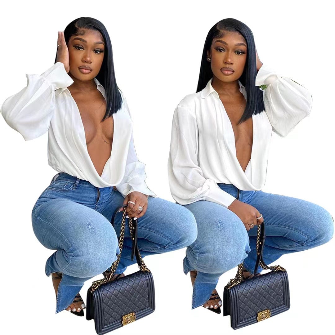 J&H 2023 new arrivals all white elegance women's blouses shirts long sleeve sexy deep v neck autumn women's clothing