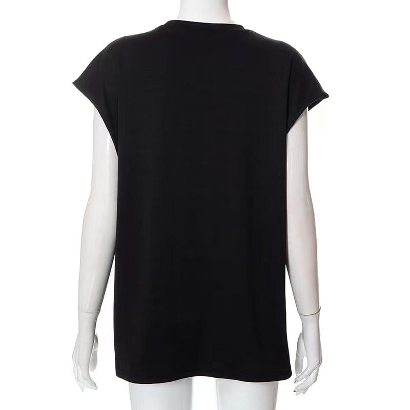 J&H 2023 new arrivals black tees with white letter print women chic graphic t shirt round neck summer tops casual wear