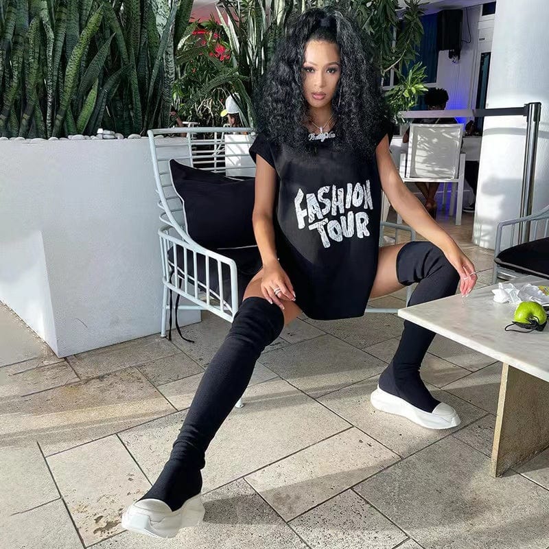 J&H 2023 new arrivals black tees with white letter print women chic graphic t shirt round neck summer tops casual wear