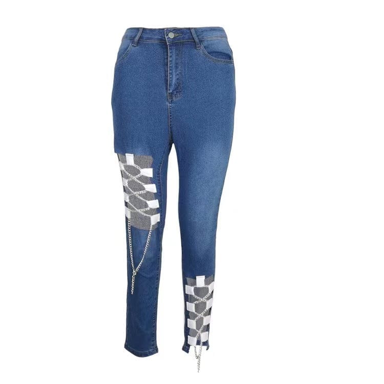 J&H 2023 new arrivals chain cross striped hollow out jeans women fashion denim trousers slim fit sexy high waist pants