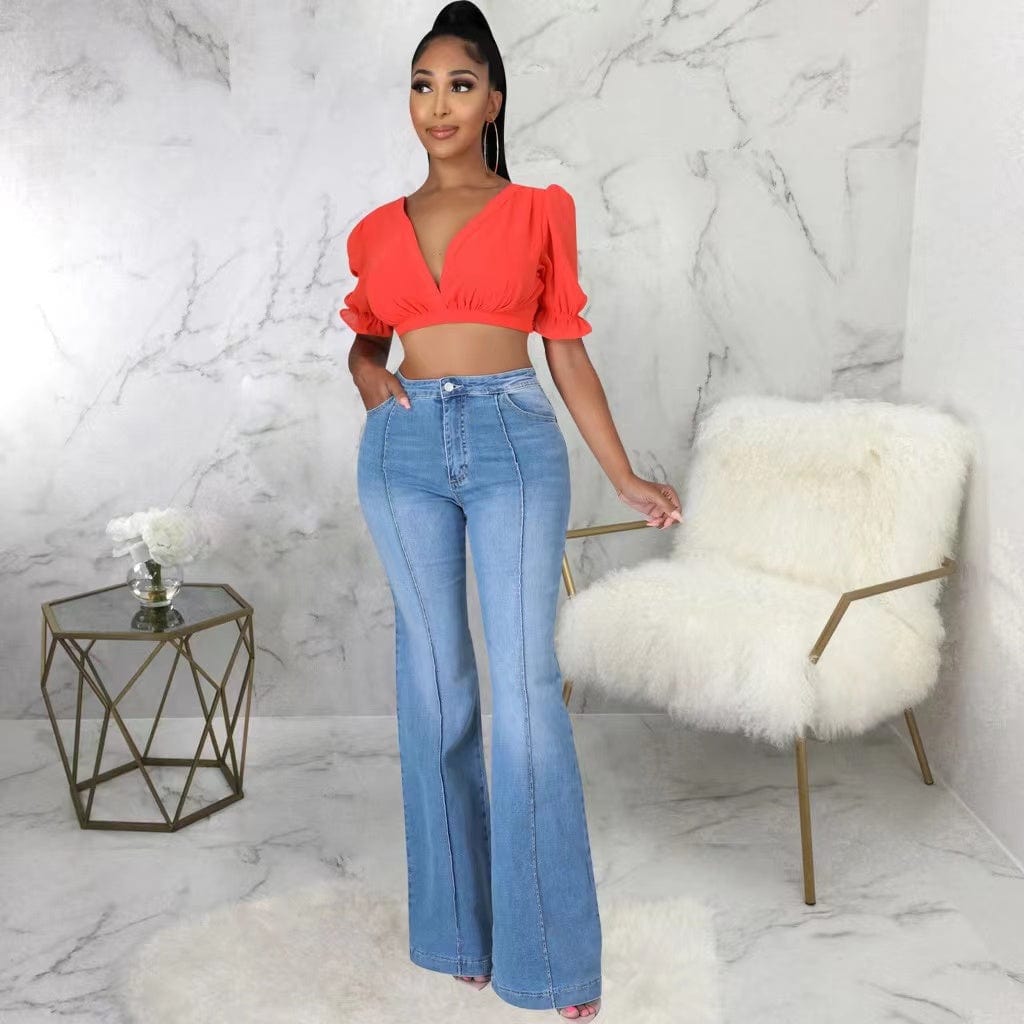 J&H 2023 new arrivals chic jeans mujer elegance plus size bell bottom jeans slim fit high waist denim pants