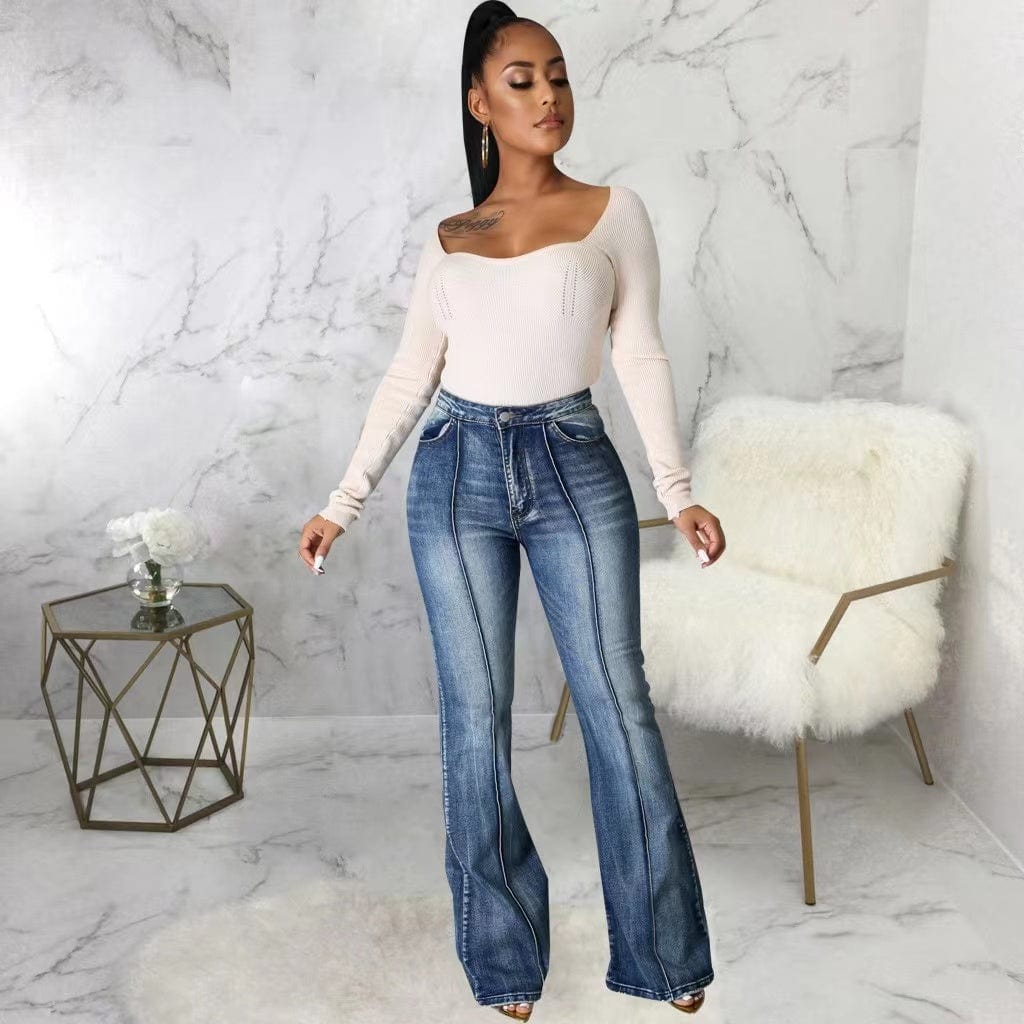 J&H 2023 new arrivals chic jeans mujer elegance plus size bell bottom jeans slim fit high waist denim pants