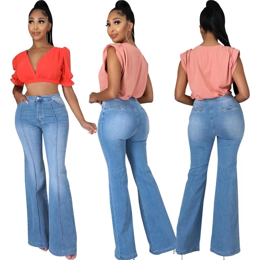 J&H 2023 new arrivals chic jeans mujer elegance plus size bell bottom jeans slim fit high waist denim pants