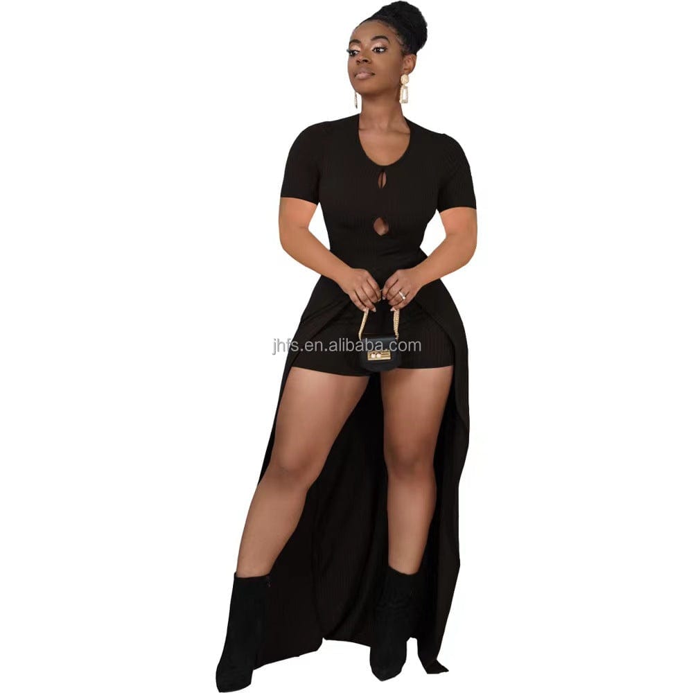 J&H 2023 new arrivals chic long shirt and shorts women trendy ribbed 2 piece outfits summer slim fit casual sets