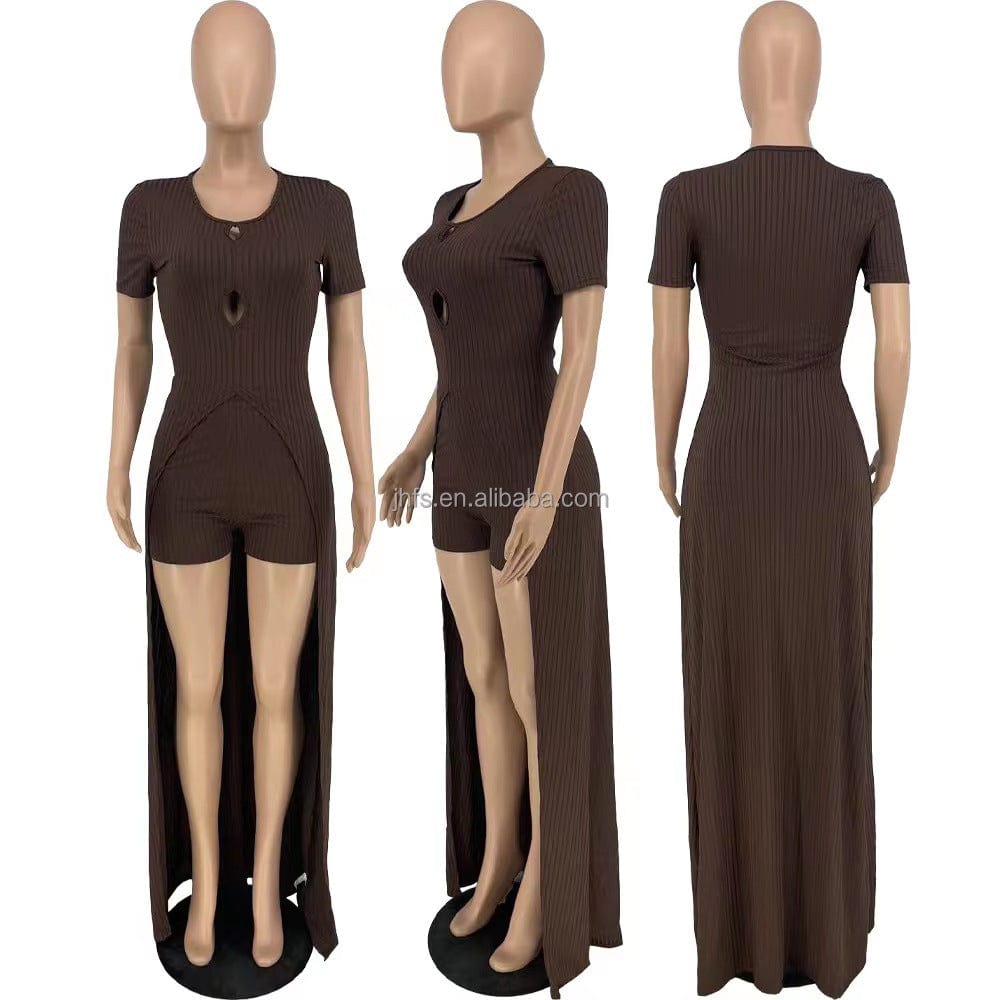 J&H 2023 new arrivals chic long shirt and shorts women trendy ribbed 2 piece outfits summer slim fit casual sets