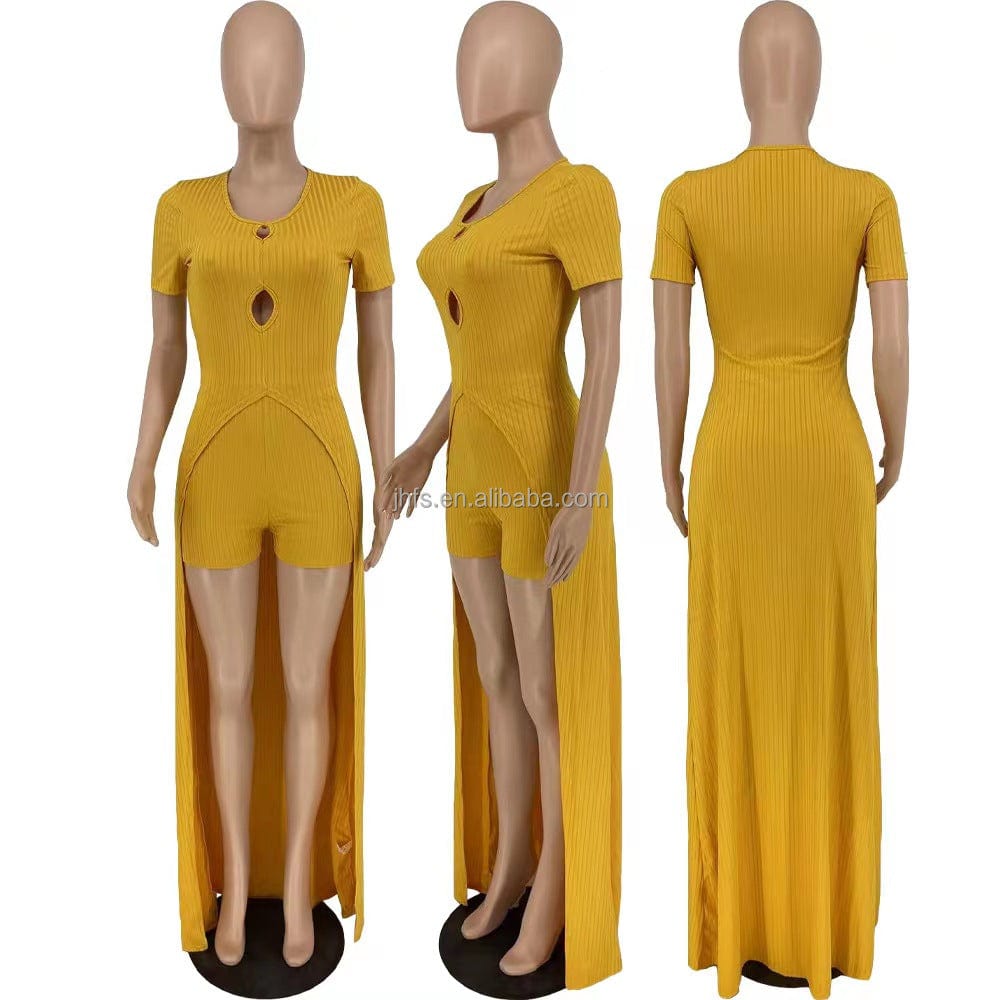 J&H 2023 new arrivals chic long shirt and shorts women trendy ribbed 2 piece outfits summer slim fit casual sets