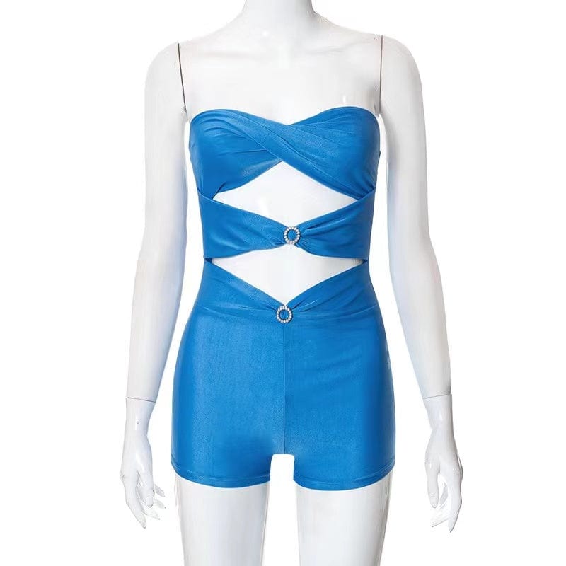 J&H 2023 new arrivals chic strapless rompers women sexy slim fit bodycon shorts jumpsuits tube top and shorts set