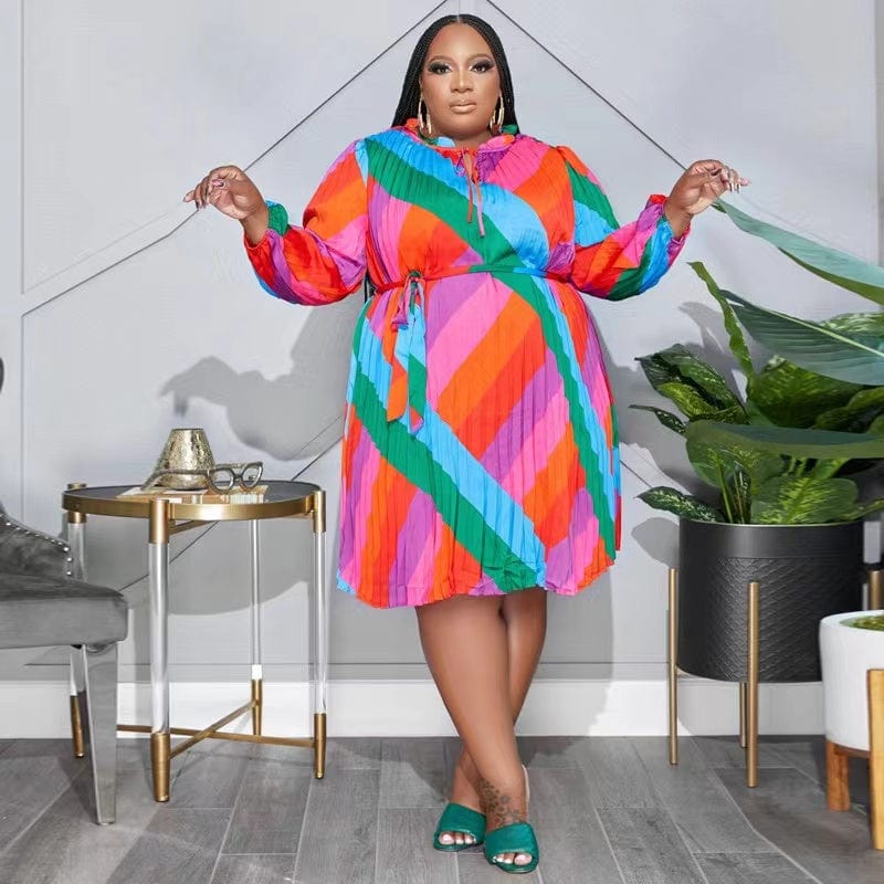 J&H 2023 new arrivals color print pleat fabric 5XL plus size dress for ladies fall fashion causal long sleeve dresses